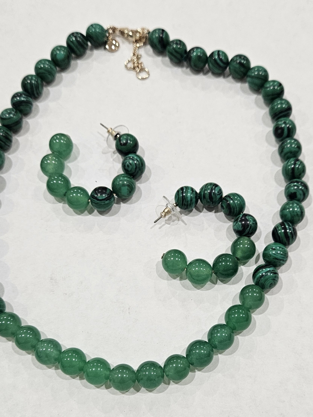 Vintage J. Crew Green Bead Necklace and Crescent Hoop Earrings Set